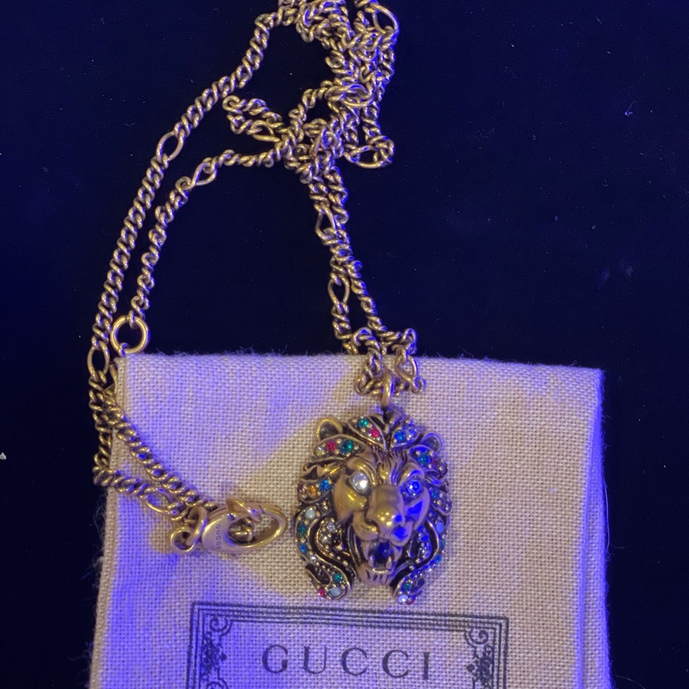 Gucci Gold Necklace with Multicolor Lion Pendant